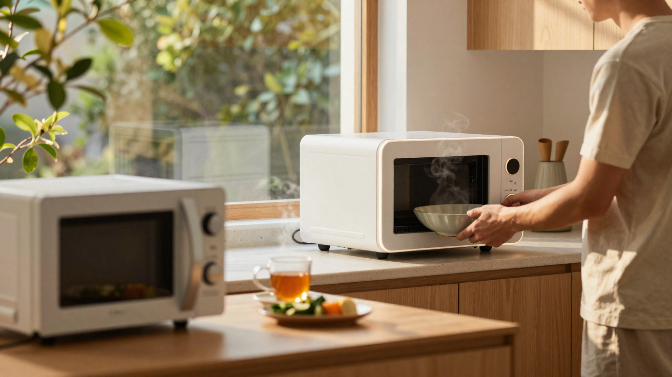Pessoa retirando tigela quente de micro-ondas branco em cozinha com janela e planta ao fundo.