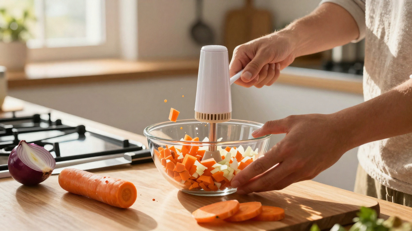 Pessoa usando mixer para picar cenoura e batata em uma tigela de vidro na cozinha.
