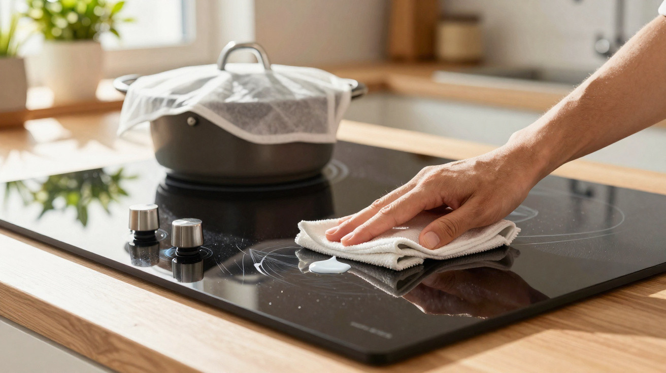 Pessoa limpando fogão vitrocerâmico preto com pano branco em cozinha clara com panela tampada ao fundo.