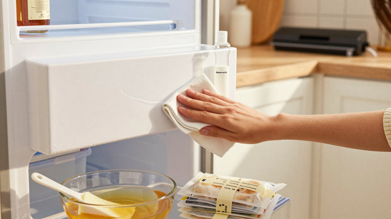 Pessoa limpando a porta interna de uma geladeira branca com um pano branco em cozinha.