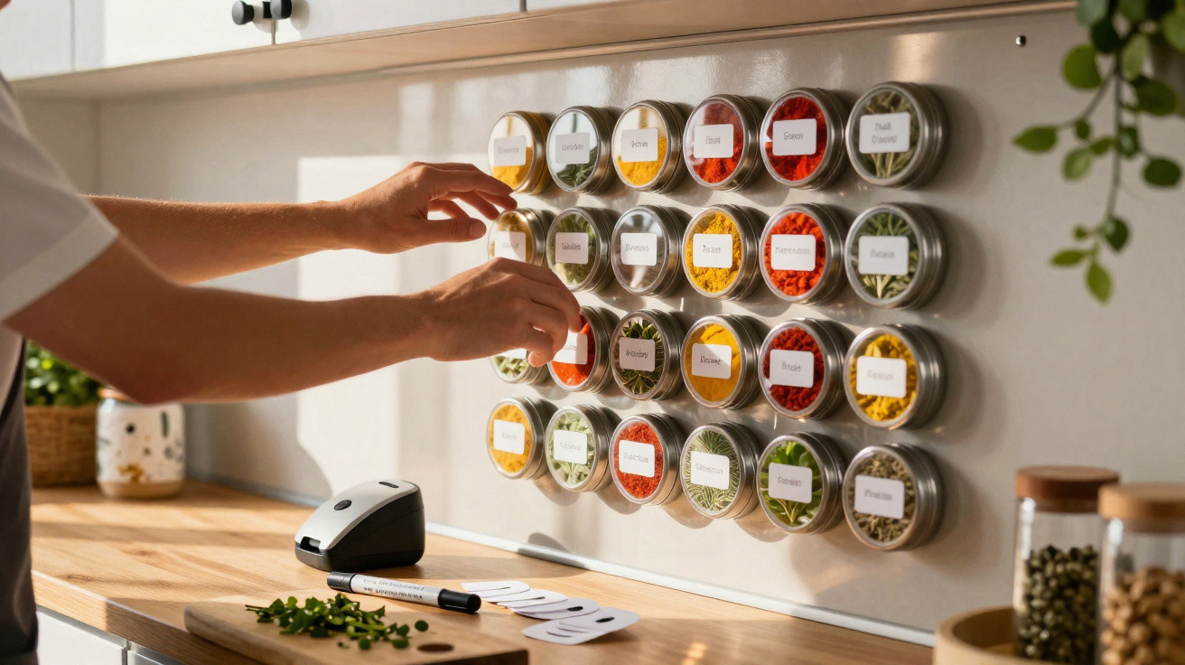 Mãos organizando potes magnéticos com especiarias e ervas em painel metálico na cozinha.