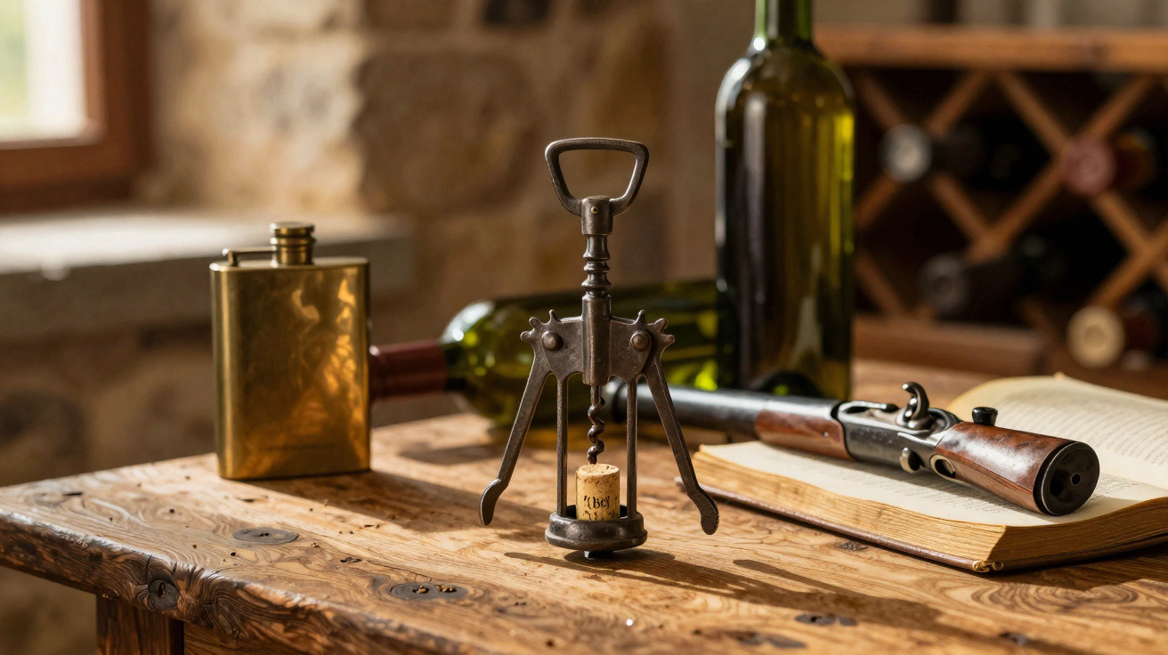 Saca-rolhas antigo, garrafas de vinho, cantil de metal e espingarda sobre mesa de madeira com livro aberto.