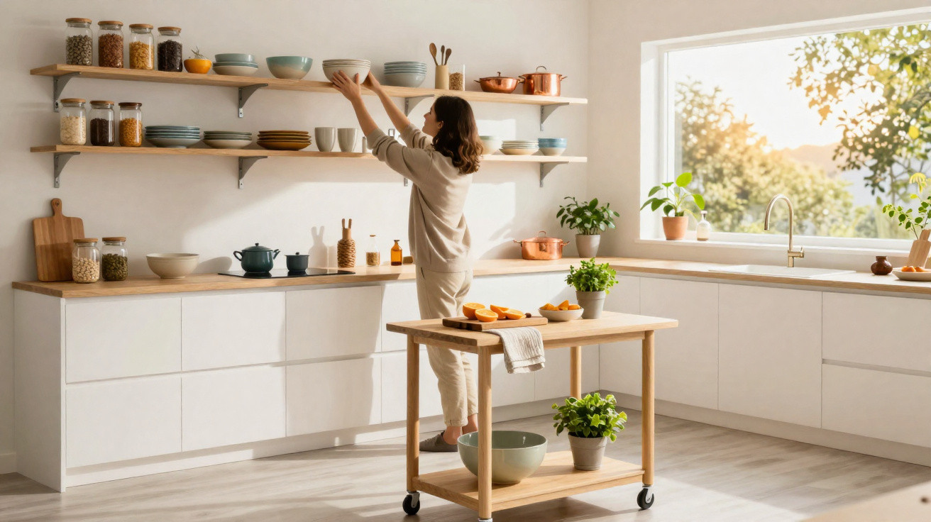 Mulher arruma prateleira na cozinha clara com bancada de madeira e ilha móvel com plantas e frutas.