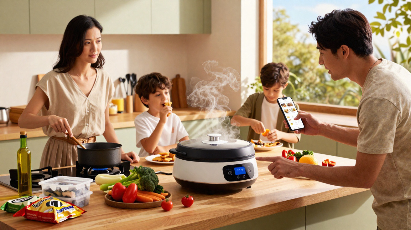 Família cozinha junta na cozinha moderna, pais preparam alimentos e filhos comem na bancada de madeira.