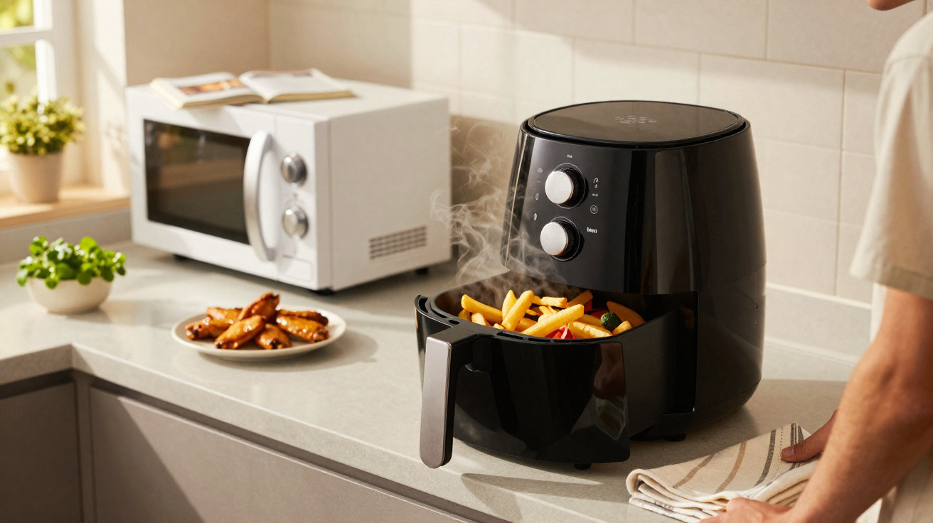 Fritadeira elétrica preta com batatas fritas e legumes fumegantes em bancada de cozinha clara.