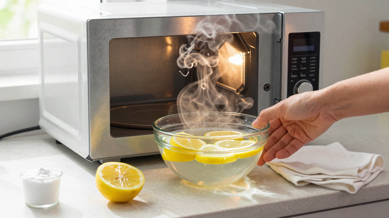 Mão segurando tigela com água quente e fatias de limão saindo do micro-ondas em cozinha.