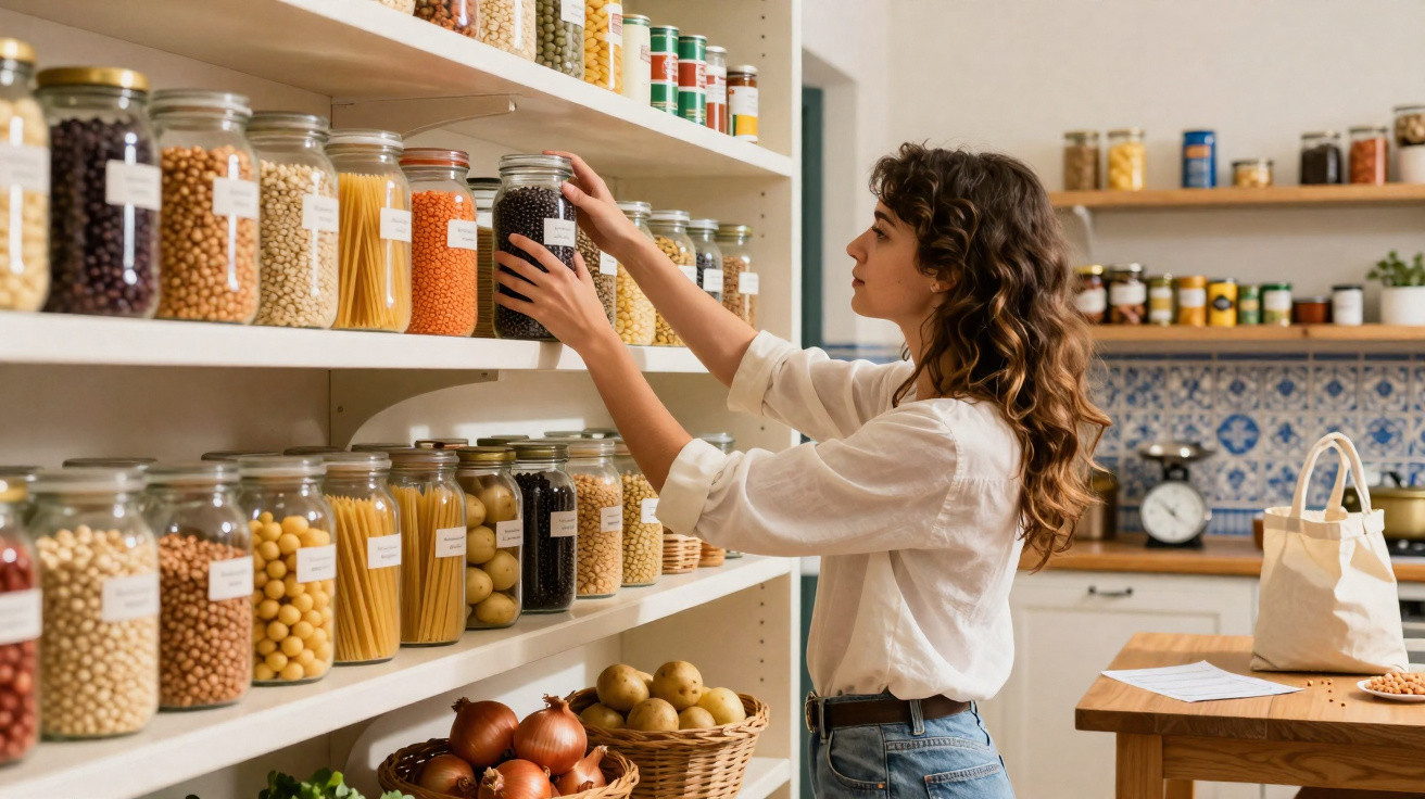 Mulher organizando potes de vidro com alimentos em prateleiras de cozinha iluminada e decorada.