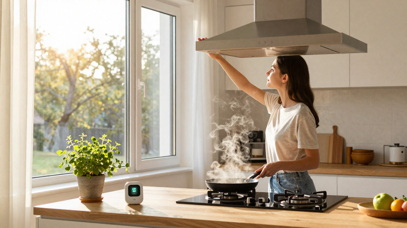 Mulher abrindo o exaustor enquanto cozinha em uma cozinha clara com luz natural.