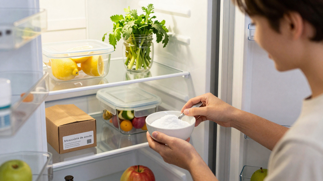 Pessoa colocando bicarbonato de sódio em pote dentro da geladeira organizada com frutas e ervas frescas.