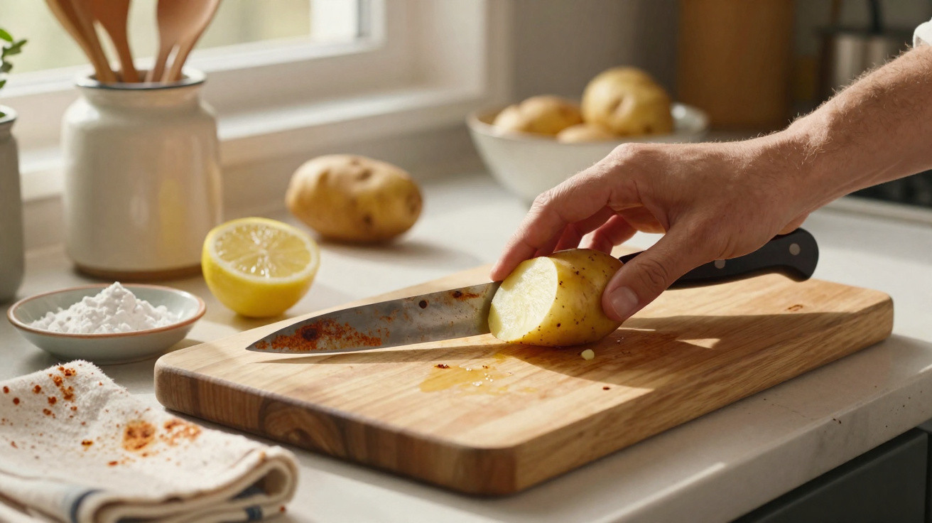 Mão segurando batata cortada sobre tábua de madeira, faca e outros ingredientes na bancada da cozinha.