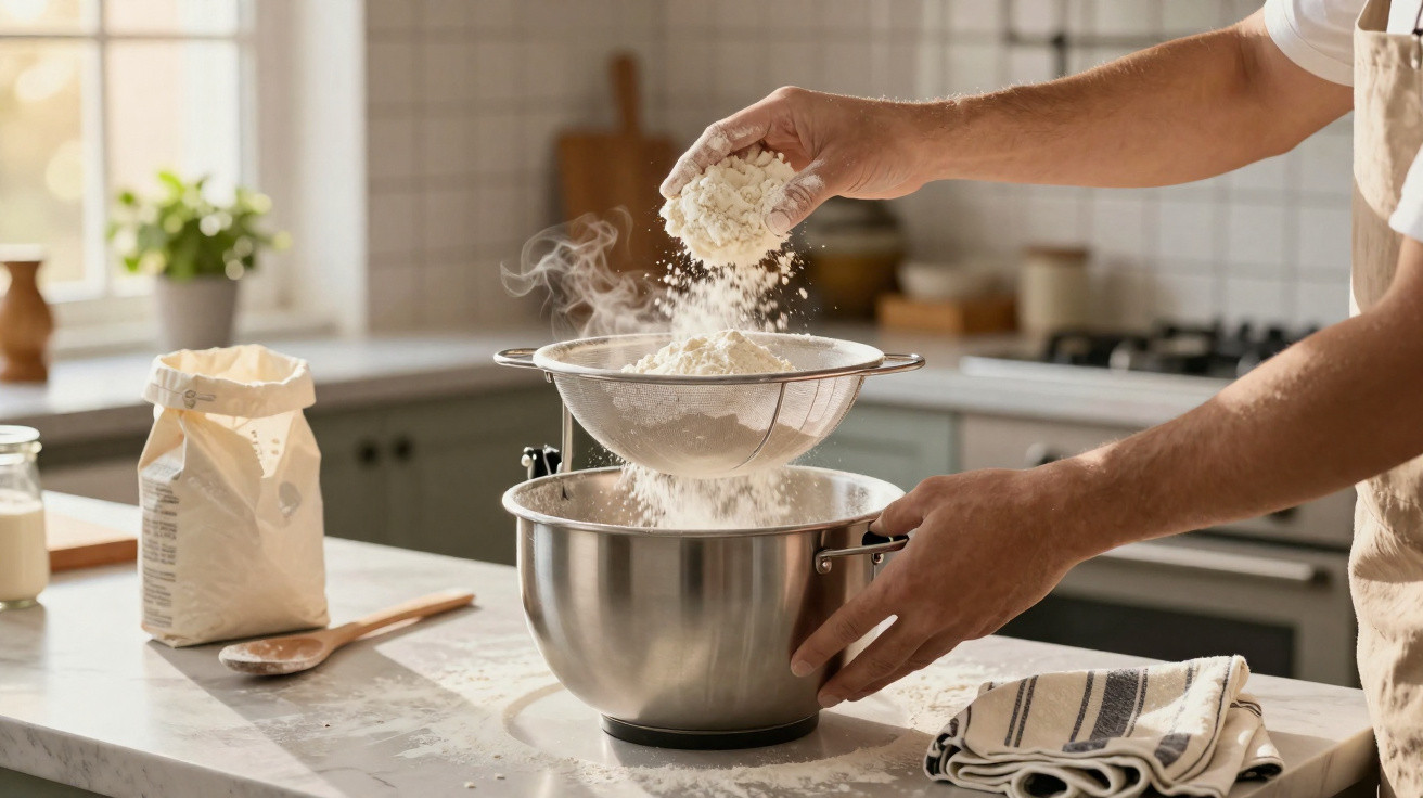 Pessoa peneirando farinha em uma tigela de metal em cozinha iluminada e organizada.