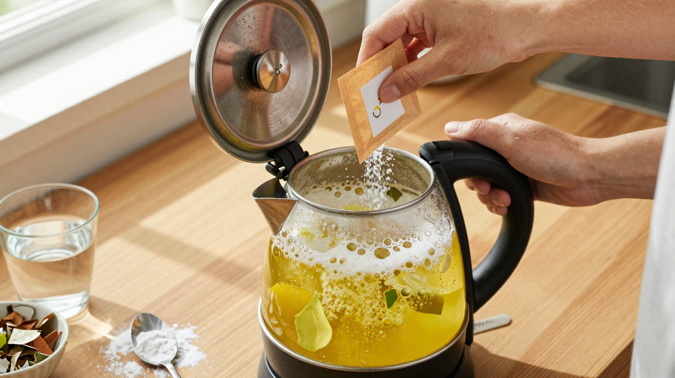 Mão adicionando sachê de pó em chaleira elétrica com infusão de ervas amarelas em cozinha iluminada.