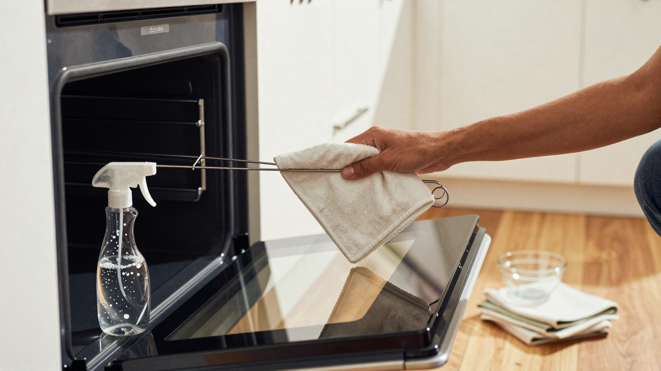 Mão segurando pegador com pano removendo forma do forno aberto em cozinha moderna.