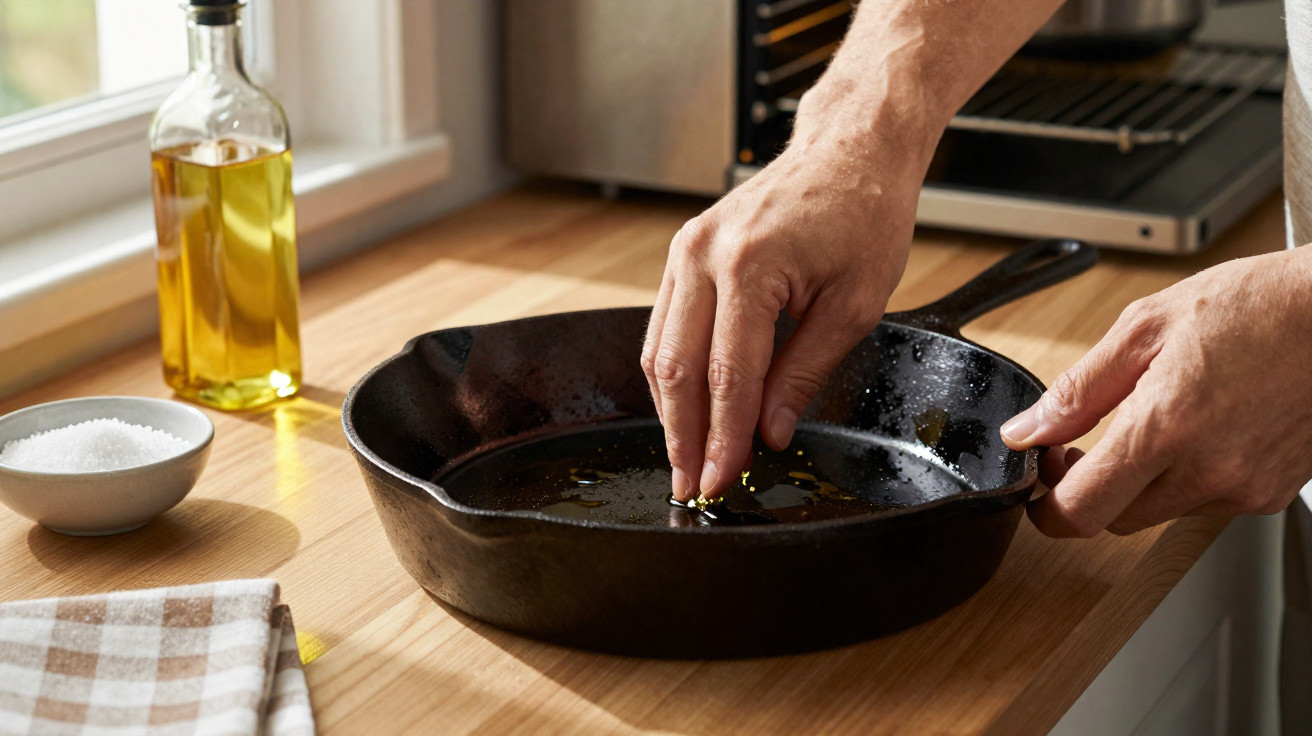 Mãos untando uma frigideira de ferro com óleo em uma bancada de cozinha iluminada pela luz natural.