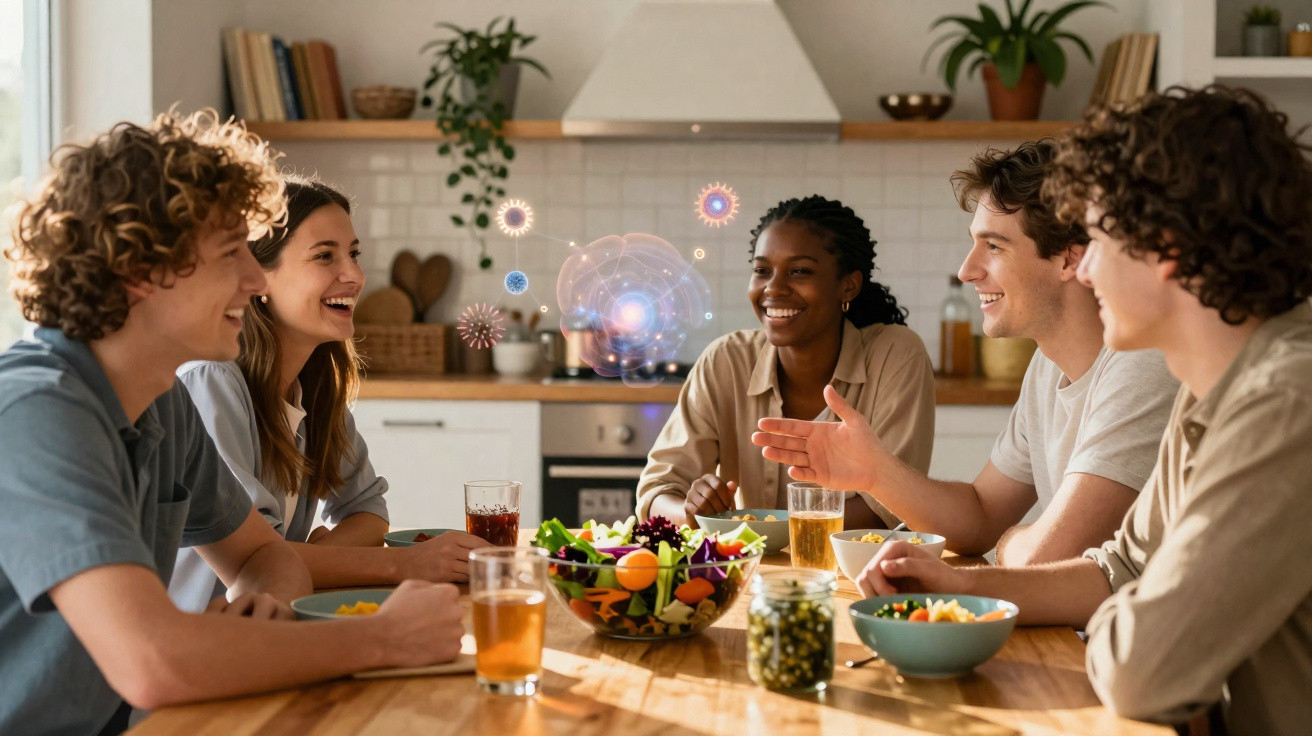 Grupo de cinco jovens conversando e sorrindo ao redor de mesa com saladas e bebidas em cozinha iluminada.