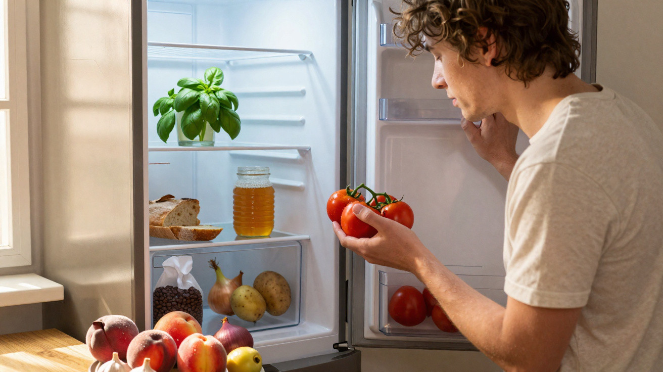 Homem olhando tomates dentro de geladeira aberta em cozinha iluminada por luz natural.