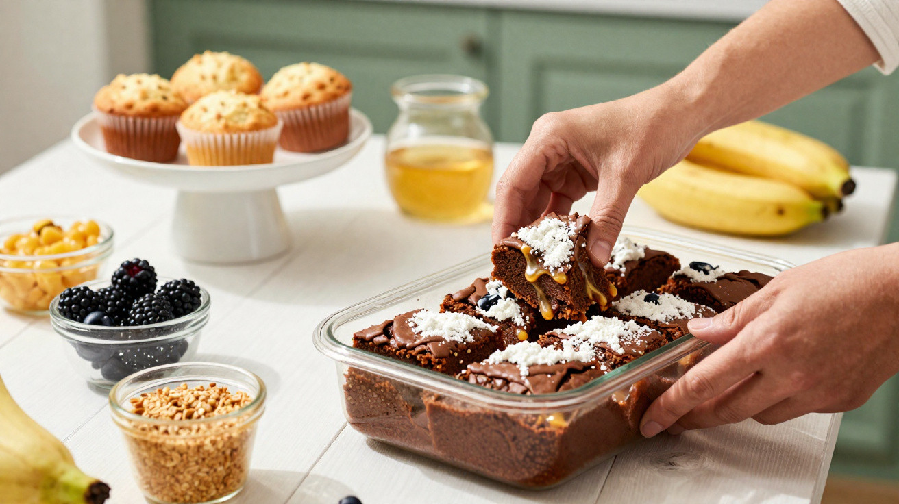 Mãos retirando pedaço de bolo de chocolate com cobertura branca em forma retangular sobre mesa com frutas e cupcakes.