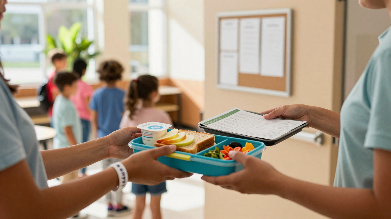 Adultos entregam lancheira com comida para crianças em ambiente escolar.