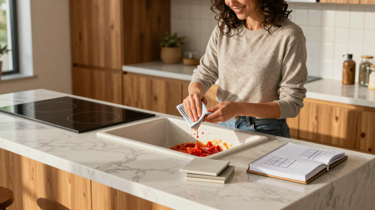 Mulher sorrindo lava pimenta vermelha em pia de cozinha moderna com bancada de mármore branco.