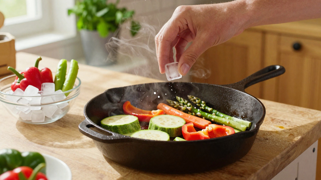 Mão colocando cubo de gelo em frigideira com legumes variados cozinhando em mesa de cozinha.