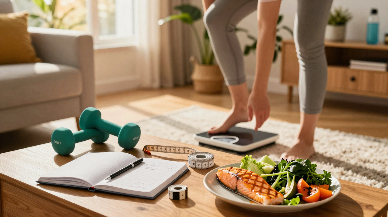 Pessoa pesando-se em casa com prato de salmão, caderno, halteres e fita métrica sobre a mesa.