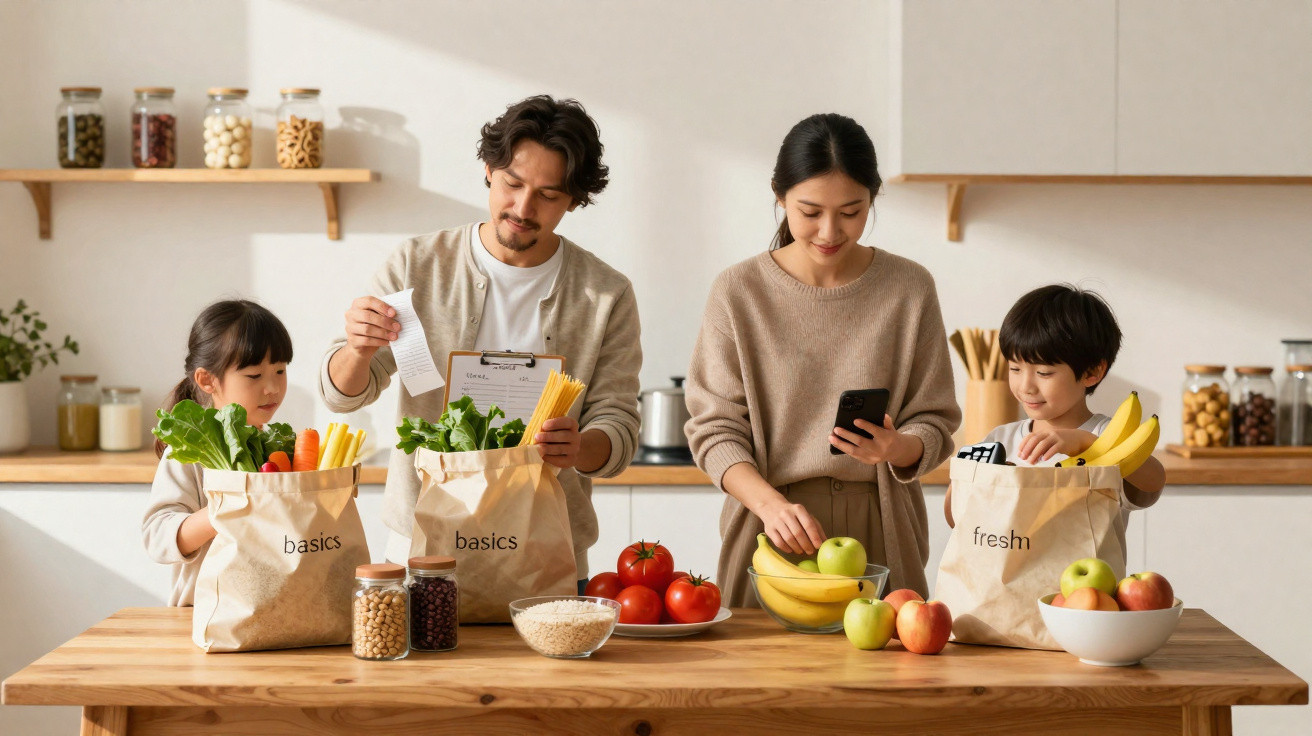 Família desempacotando sacolas com frutas e vegetais na cozinha iluminada e organizada.