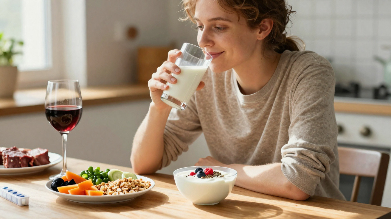 Mulher sorrindo bebendo leite sentada à mesa com pratos de comida saudável e taça de vinho tinto.