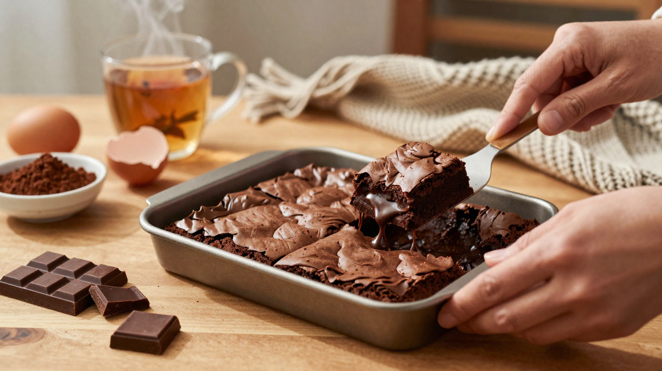 Mãos retiram pedaço de brownie de forma com brownie fudgy sobre mesa com chocolate, cacau, casca de ovo e chá.