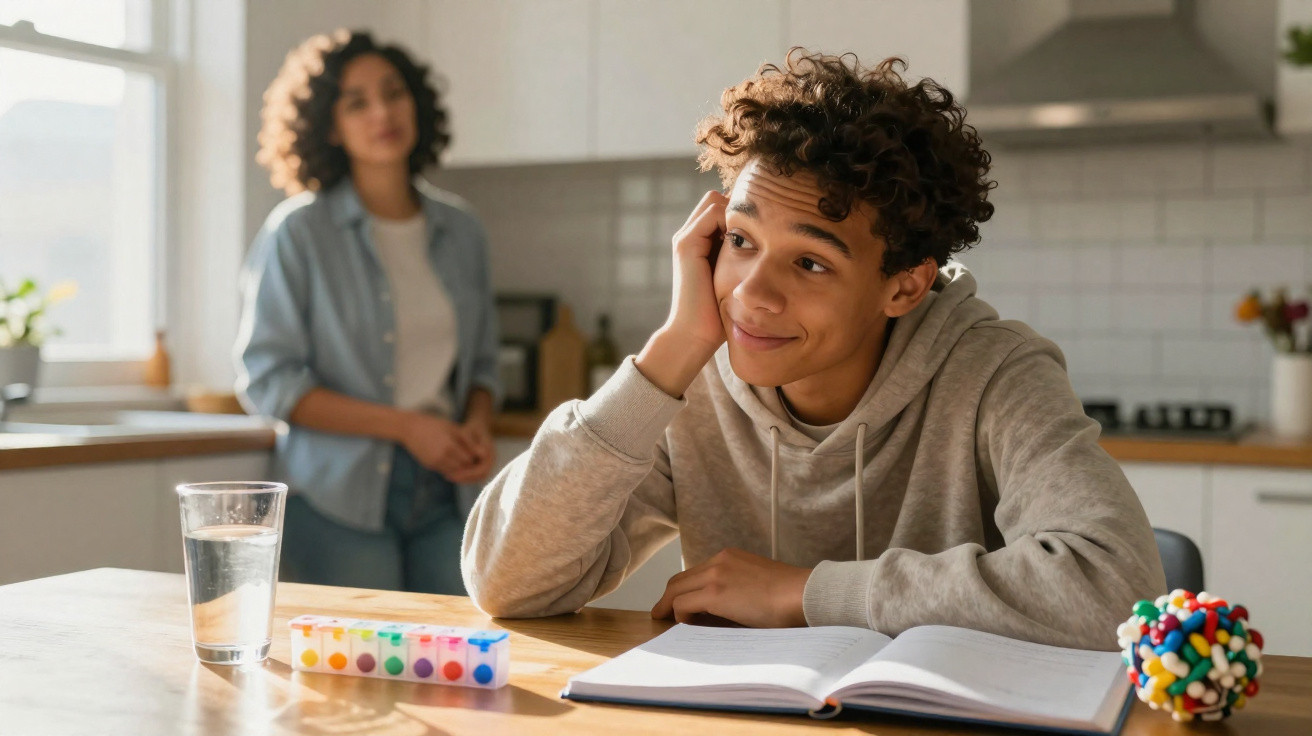Adolescente sentado à mesa estudando, ao fundo mulher observa em cozinha iluminada pela luz natural.