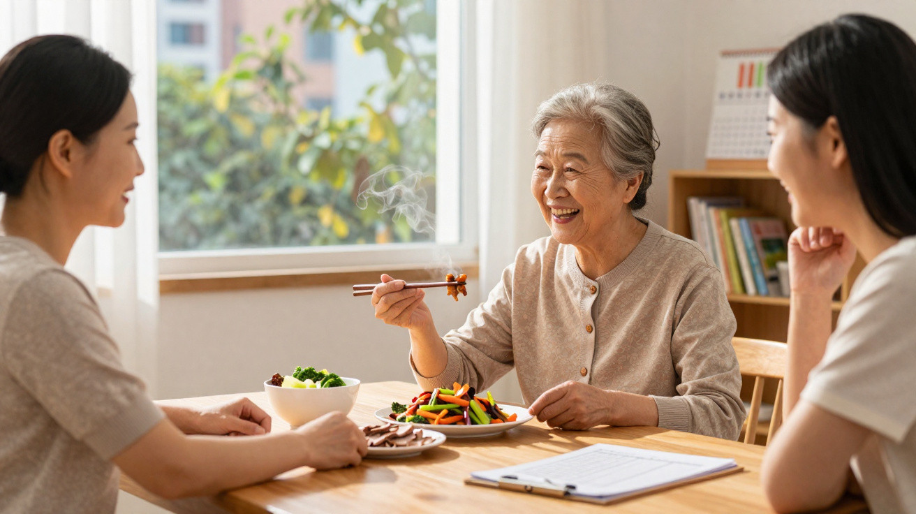 Três mulheres sorrindo durante uma refeição com legumes em um ambiente iluminado pela luz natural.