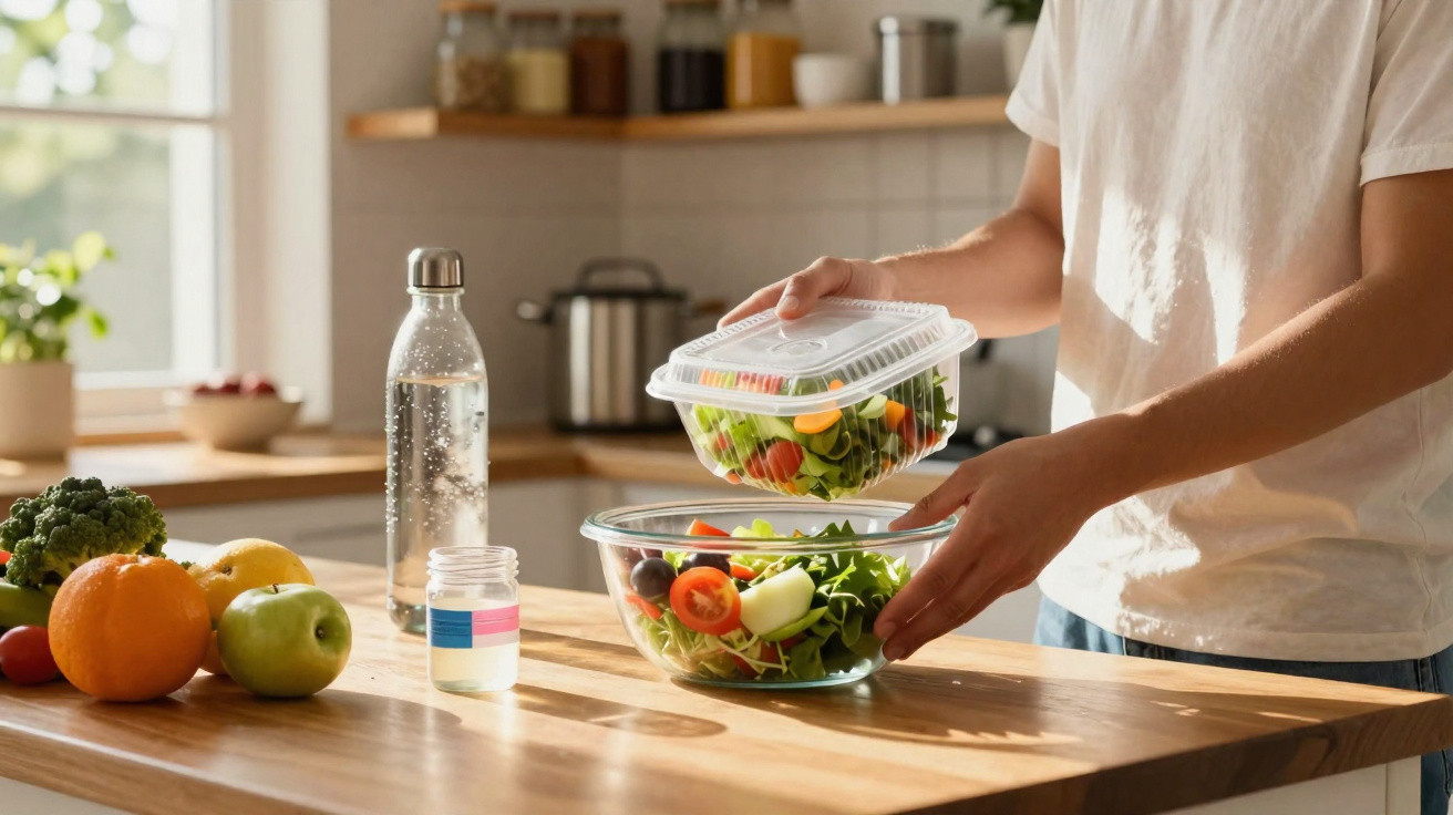 Pessoa preparando salada em recipiente de vidro na cozinha com frutas e garrafa de água sobre a mesa.