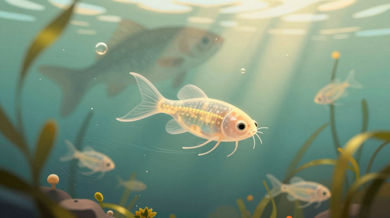 Peixe translúcido com detalhes dourados nadando em águas calmas com plantas e outros peixes ao fundo.