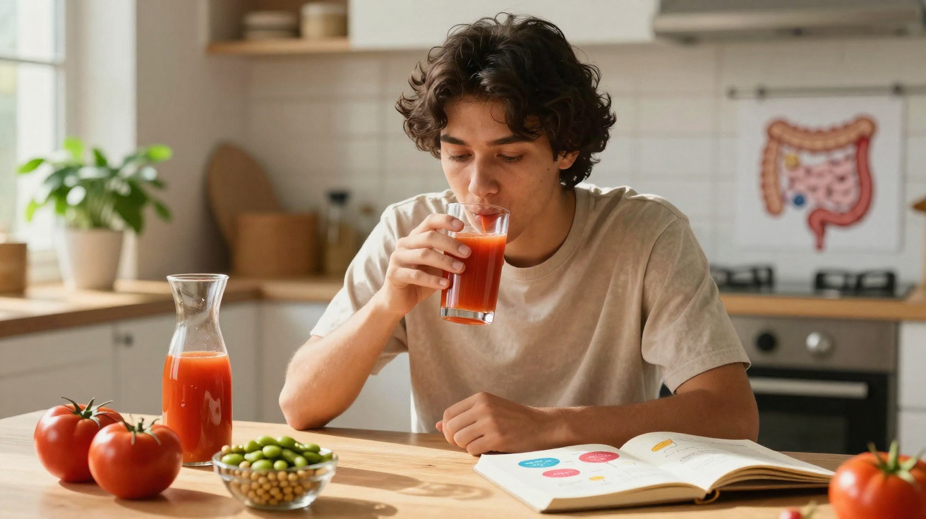 Jovem sentado à mesa bebendo suco de tomate enquanto lê livro em cozinha decorada com planta e ilustração do intestino.
