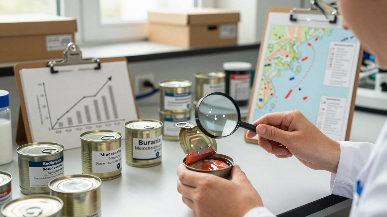 Pessoa usando lupa para examinar alimento enlatado vermelho em laboratório com gráficos e mapas ao fundo.