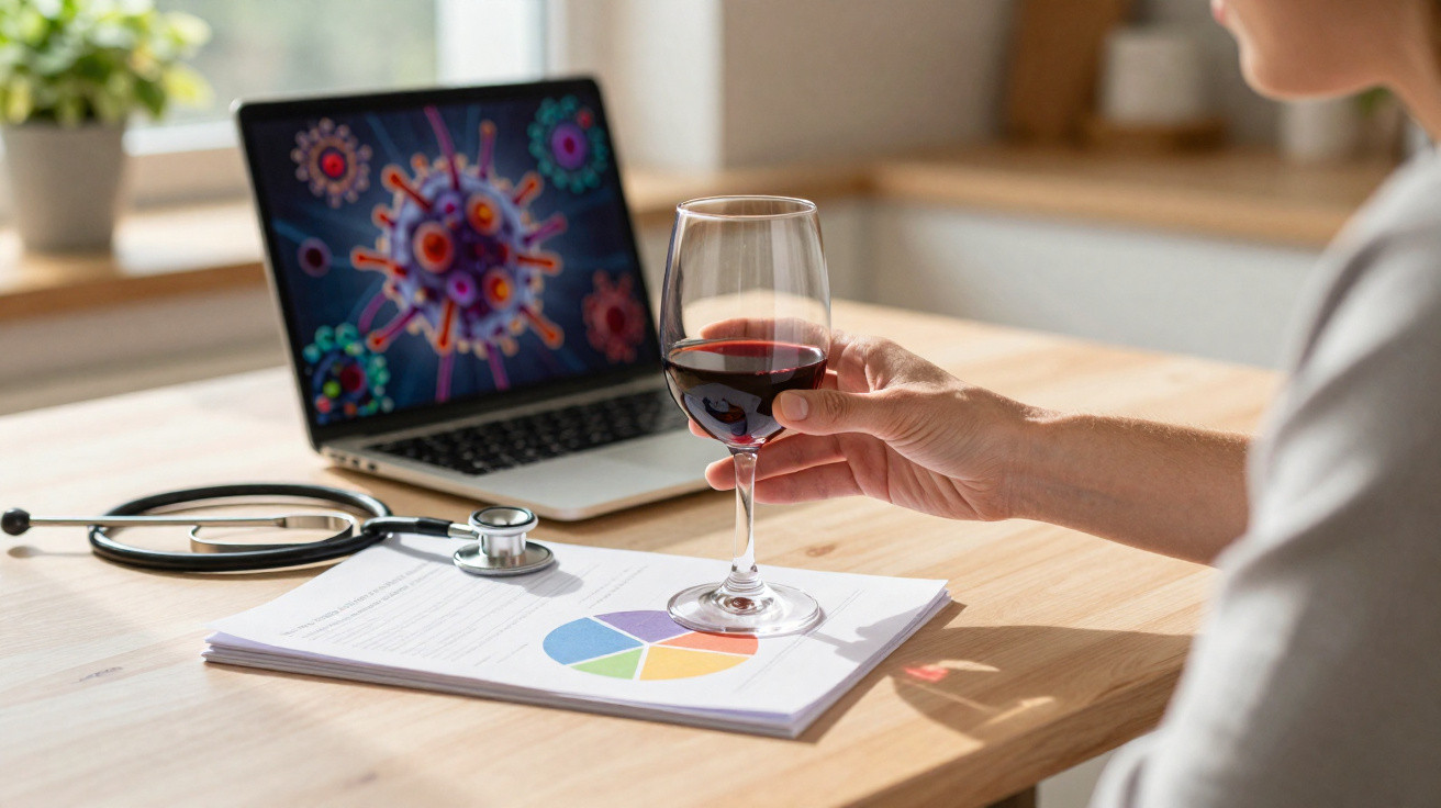 Pessoa segurando taça de vinho tinto ao lado de laptop com imagem de vírus e um estetoscópio sobre mesa.