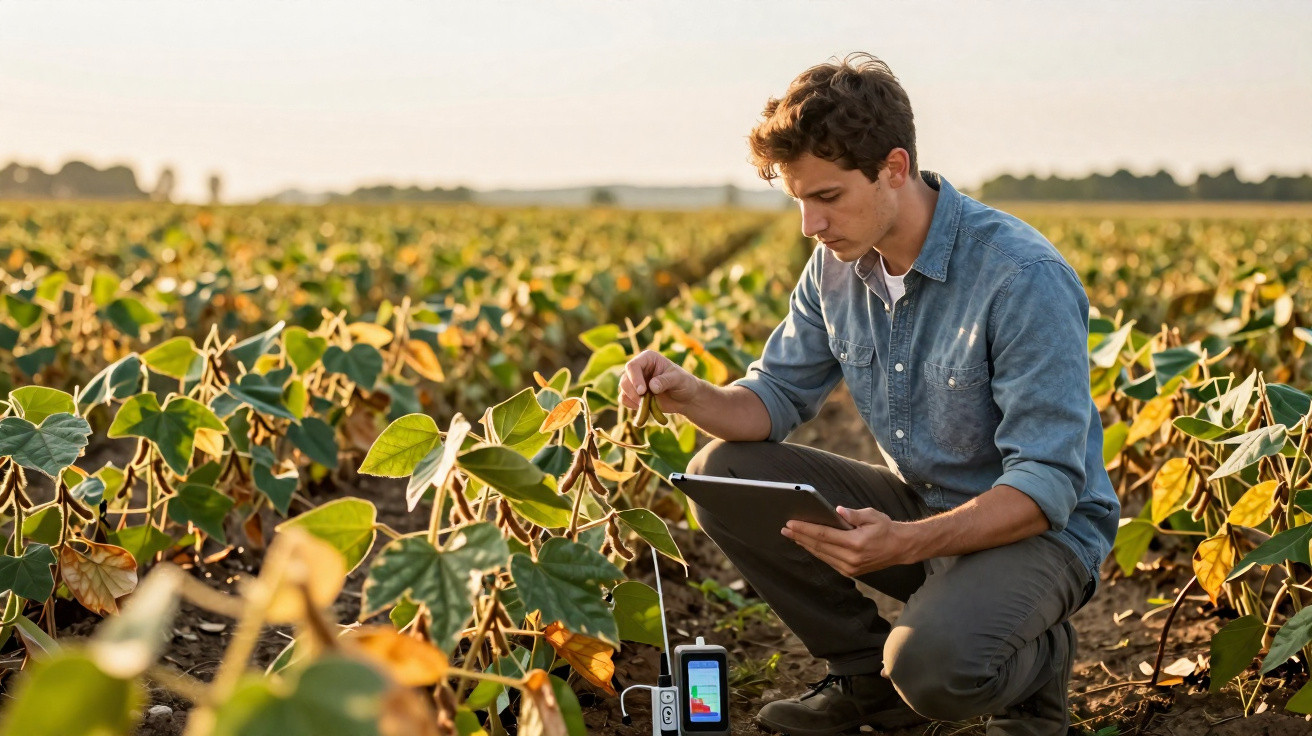 Jovem agricultor verifica dados em tablet usando sensor de solo em plantação ao entardecer.