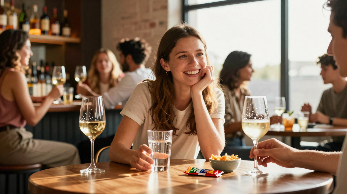 Mulher sorridente sentada à mesa em restaurante, com taça de vinho e petiscos, conversando com outra pessoa.