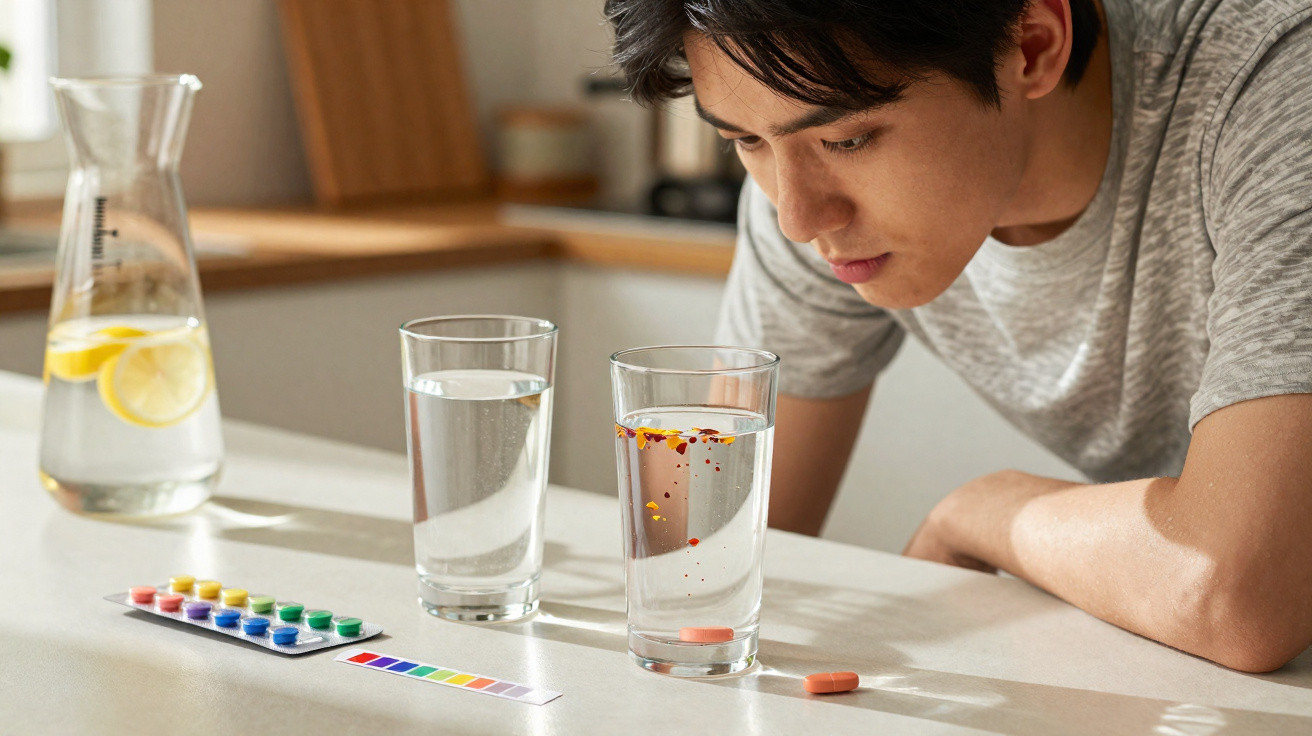 Homem observando copo com comprimido dissolvendo, ao lado de copo com água e fitas de teste de pH na mesa.