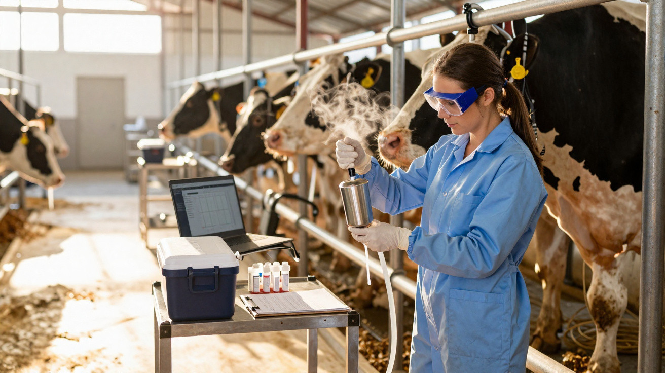 Mulher com jaleco em laboratório móvel coleta amostra em fazenda com vacas para análise científica.