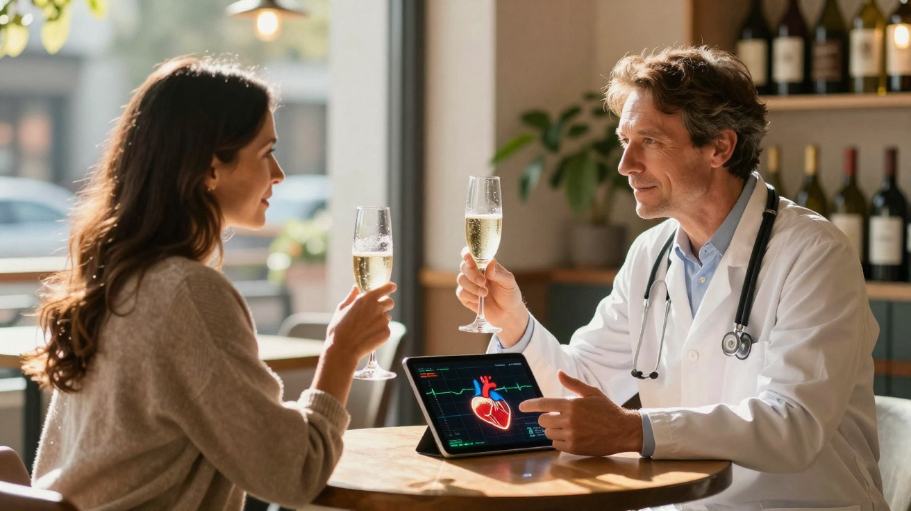Mulher e médico brindam com taças de champanhe enquanto analisam imagem de coração em tablet.
