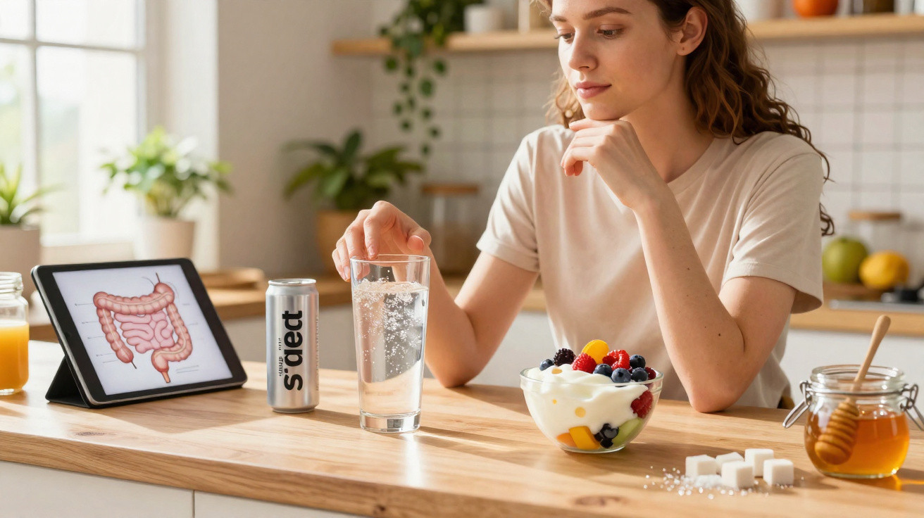 Mulher sentada à mesa com iogurte, copo d’água e ilustração do intestino em tablet na cozinha.