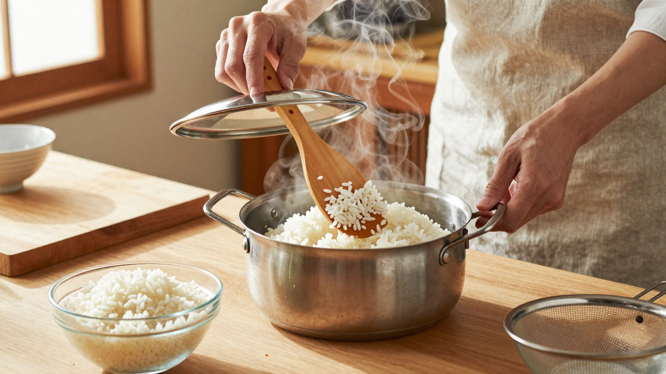 Pessoa mexendo arroz branco cozido em panela com colher de madeira numa cozinha iluminada.