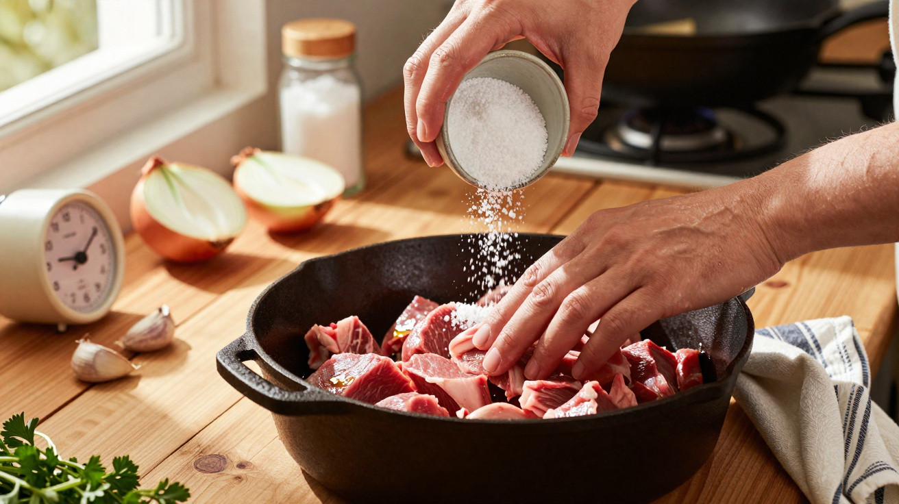 Mãos temperando pedaços de carne crua com sal em panela de ferro sobre bancada de madeira na cozinha.