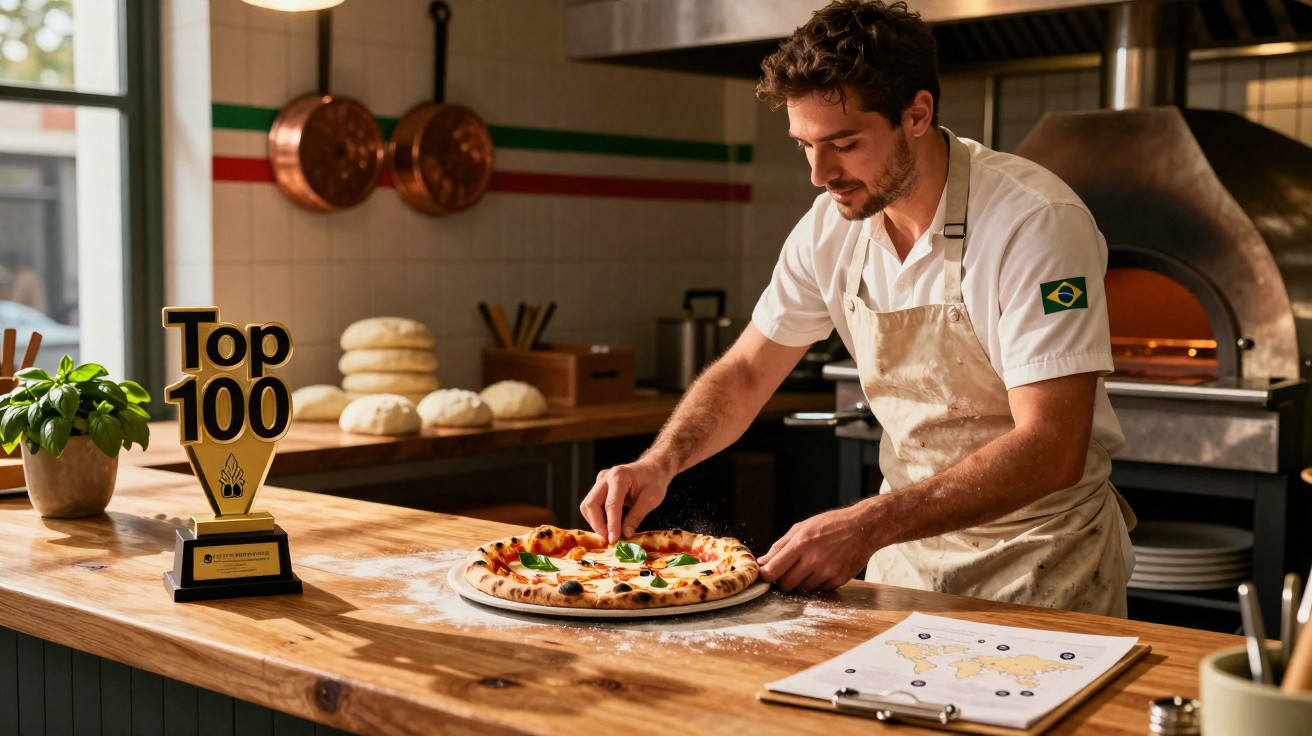 Pizzaio italiano no restaurante preparando pizza com troféu Top 100 na bancada de madeira.