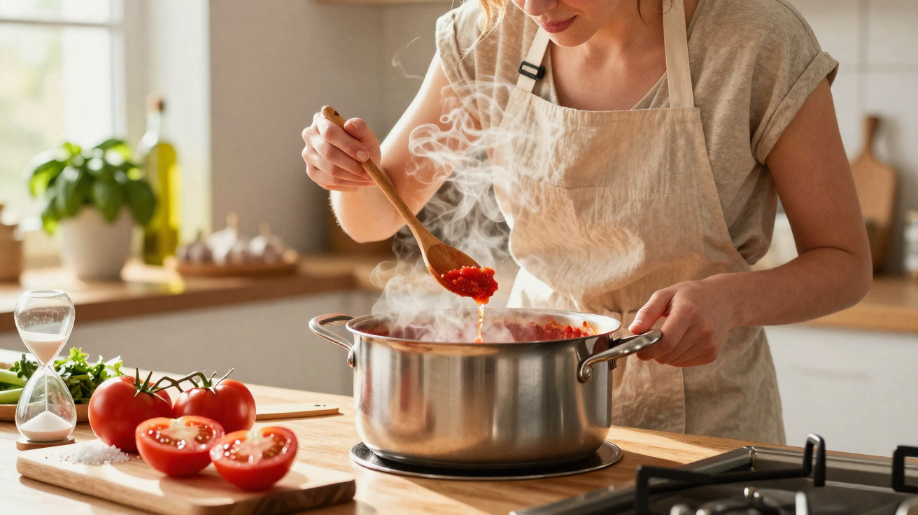 Mulher mexendo molho de tomate em panela com vapor na cozinha bem iluminada.