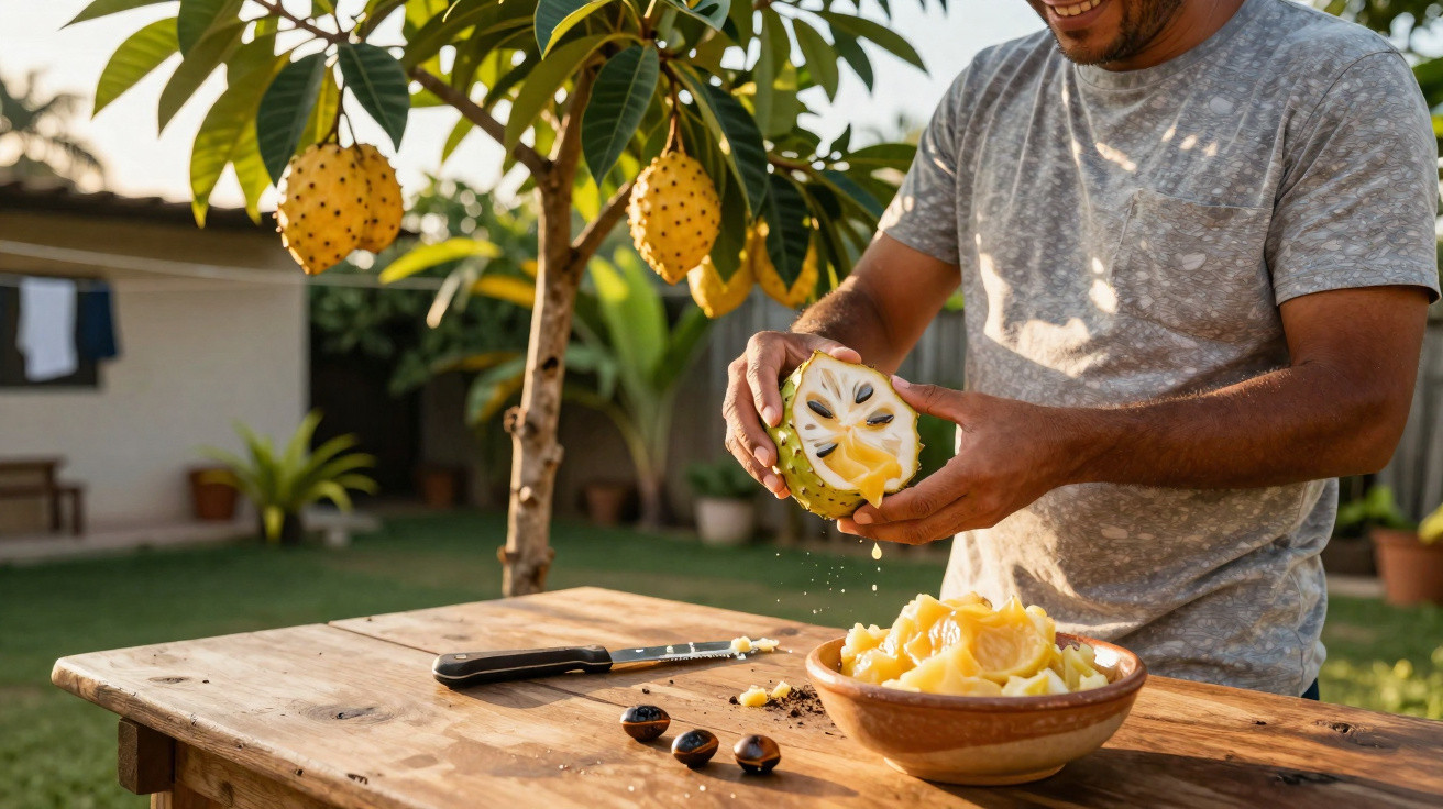 Homem cortando fruta amarela exótica em mesa de madeira ao ar livre com árvore frutífera ao fundo.