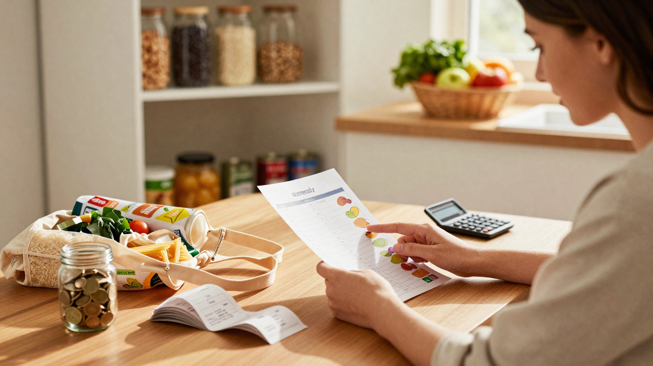 Mulher revisando lista de compras com calculadora, moedas e alimentos em sacola no balcão da cozinha.