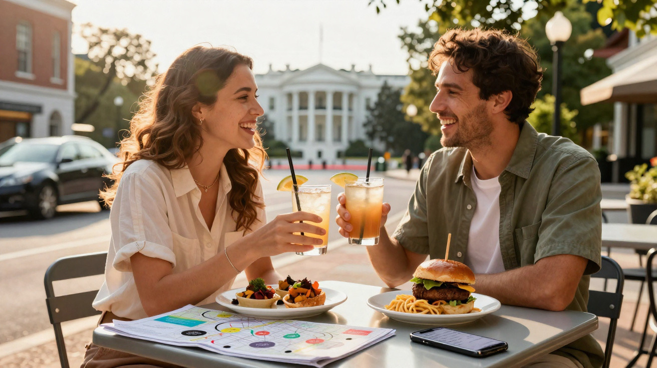 Casal jovem sorrindo e brindando com bebidas em mesa de restaurante ao ar livre durante o dia.