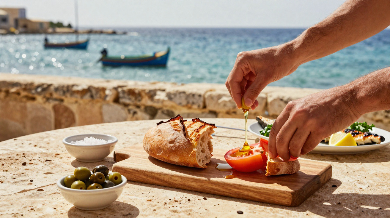 Pessoa colocando azeite em pão e tomate sobre tábua de madeira em mesa à beira-mar com barcos ao fundo.