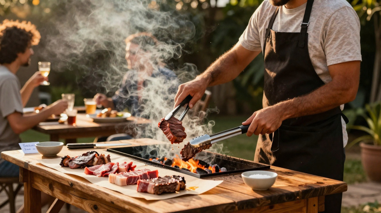 Pessoa preparando carnes em churrasqueira ao ar livre com amigos ao fundo em momento descontraído.